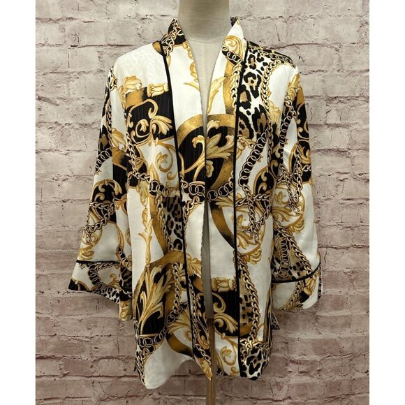 Chico’s M Reversible Kimono Jacket Open Front Black White Gold Filigree Cheetah - Picture 1 of 5
